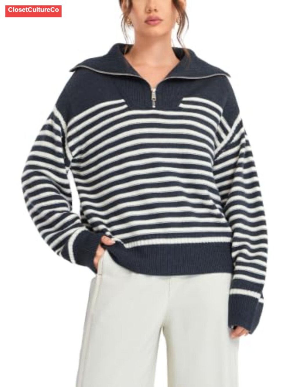Wool Blend Quarter Zip Sweater Collared Pullover Dropped Shoulder
